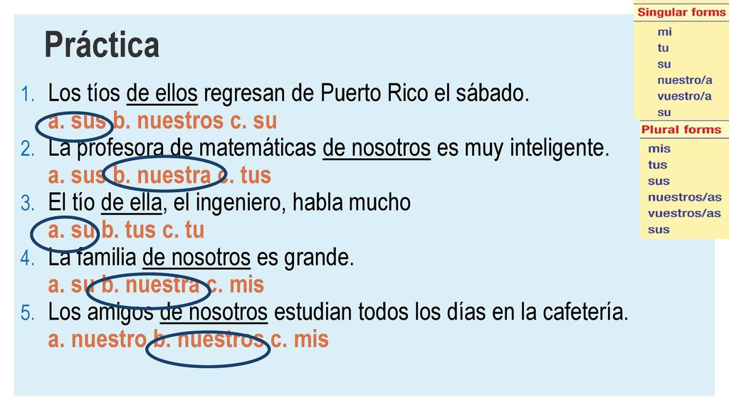 Práctica Los tíos de ellos regresan de Puerto Rico el sábado. a. sus b. nuestros c. su.
