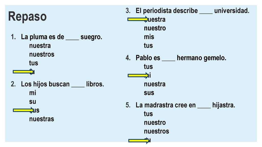 Repaso El periodista describe ____ universidad. nuestra nuestro mis