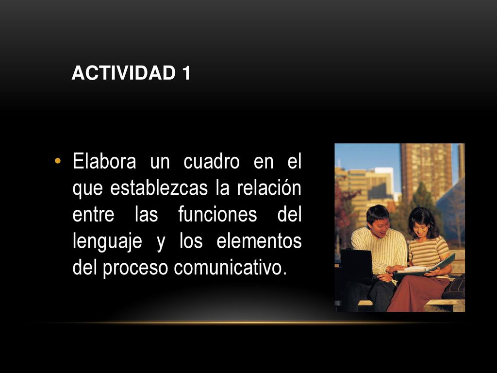 ACTIVIDAD 1 Elabora un cuadro en el que establezcas la relación entre las funciones del lenguaje y los elementos del proceso comunicativo.