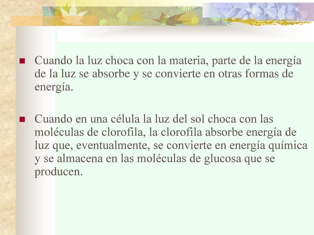 Cuando la luz choca con la materia, parte de la energía de la luz se absorbe y se convierte en otras formas de energía.