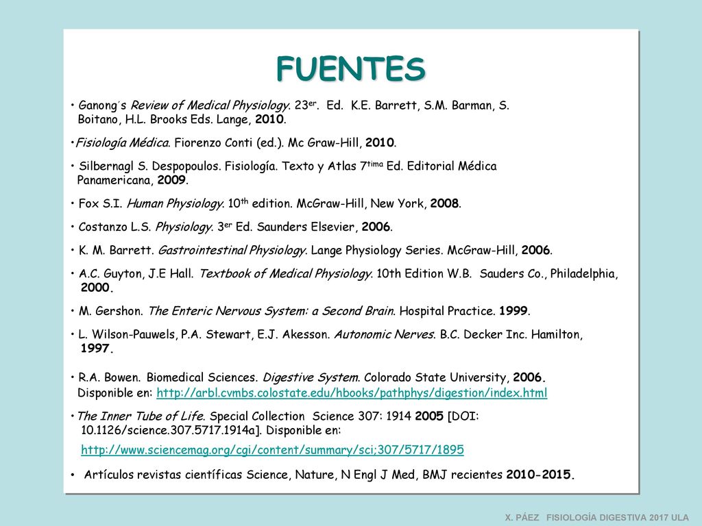 FUENTES Ganong´s Review of Medical Physiology. 23er. Ed. K.E. Barrett, S.M. Barman, S. Boitano, H.L. Brooks Eds. Lange,