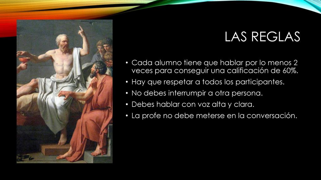 Las reglas Cada alumno tiene que hablar por lo menos 2 veces para conseguir una calificación de 60%.