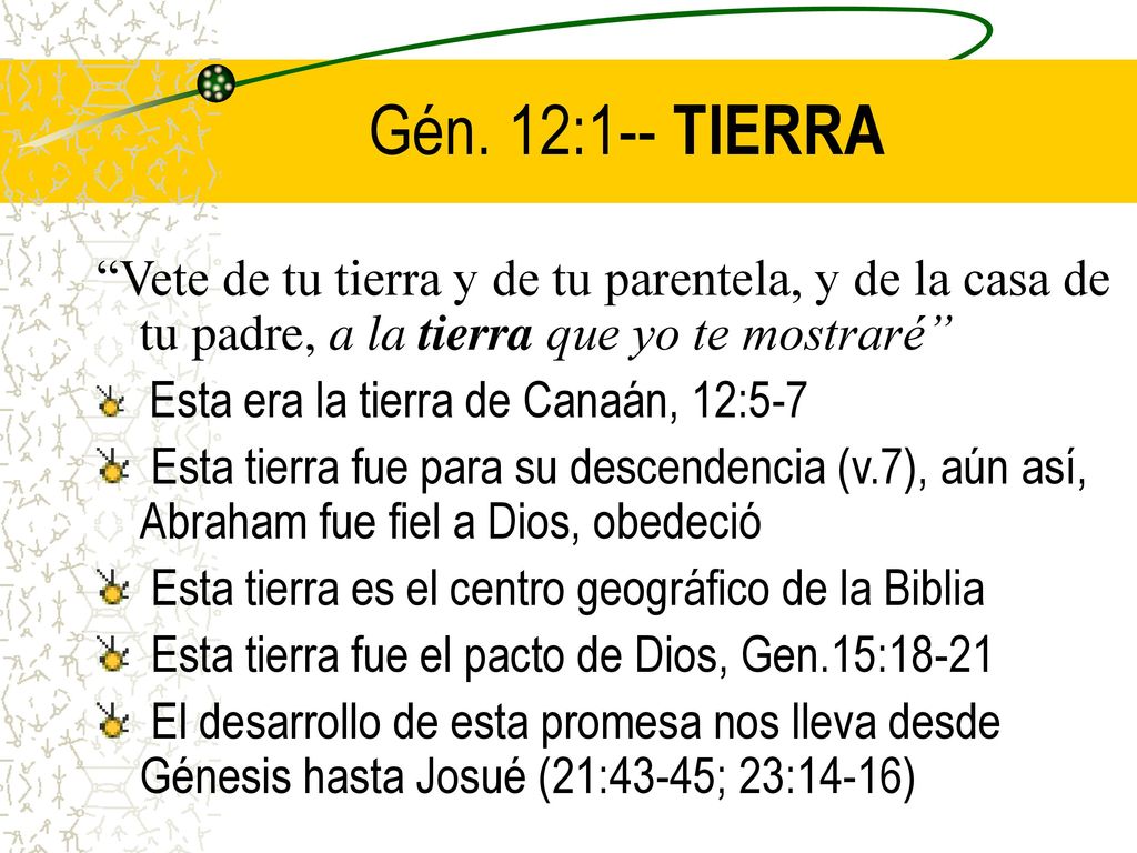 Gén. 12:1-- TIERRA Vete de tu tierra y de tu parentela, y de la casa de tu padre, a la tierra que yo te mostraré