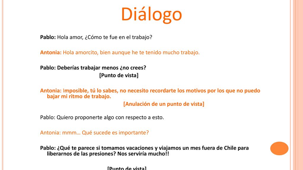 Diálogo Pablo: Hola amor, ¿Cómo te fue en el trabajo