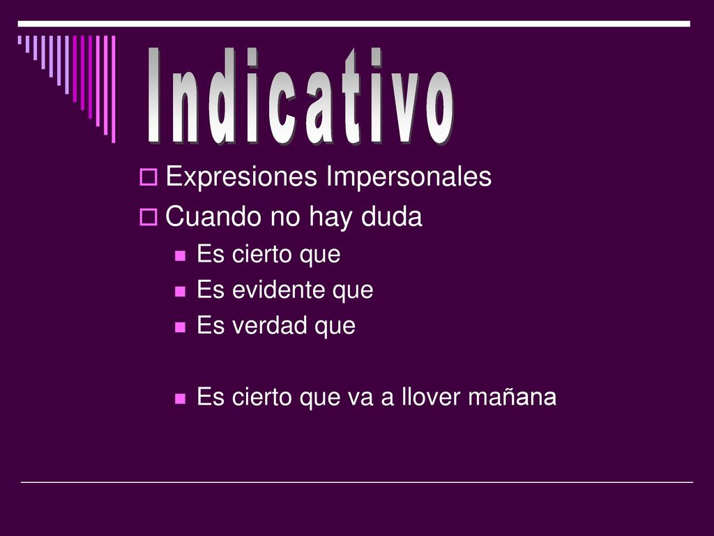 Indicativo Expresiones Impersonales Cuando no hay duda Es cierto que