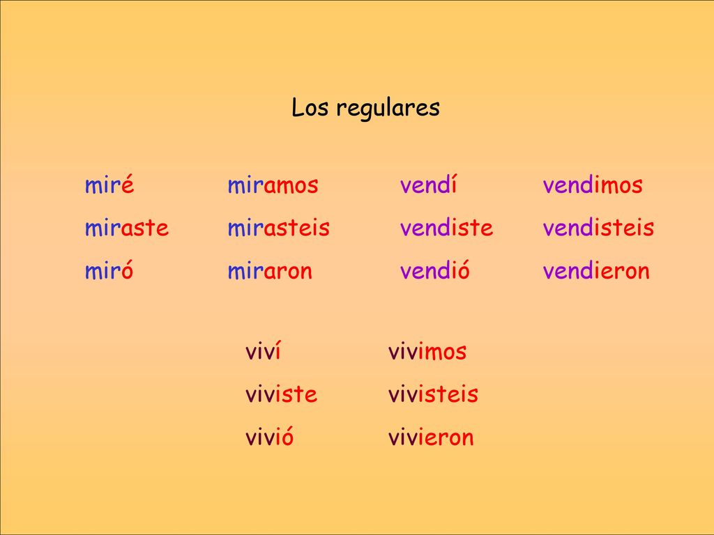 Los regulares miré miramos. miraste mirasteis. miró miraron. vendí vendimos. vendiste vendisteis.