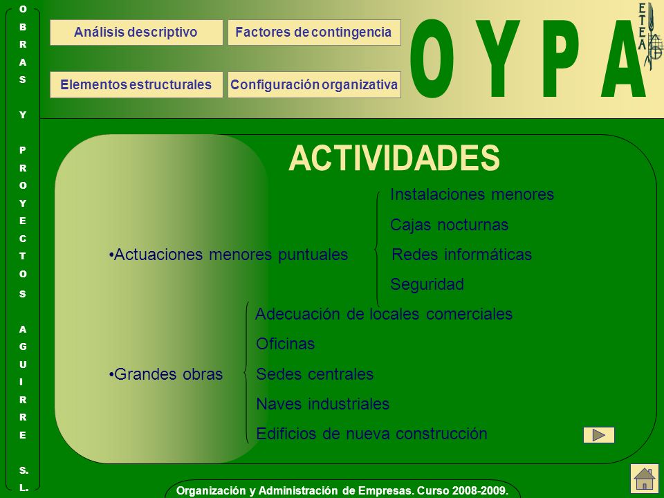O Y P A ACTIVIDADES Instalaciones menores Cajas nocturnas