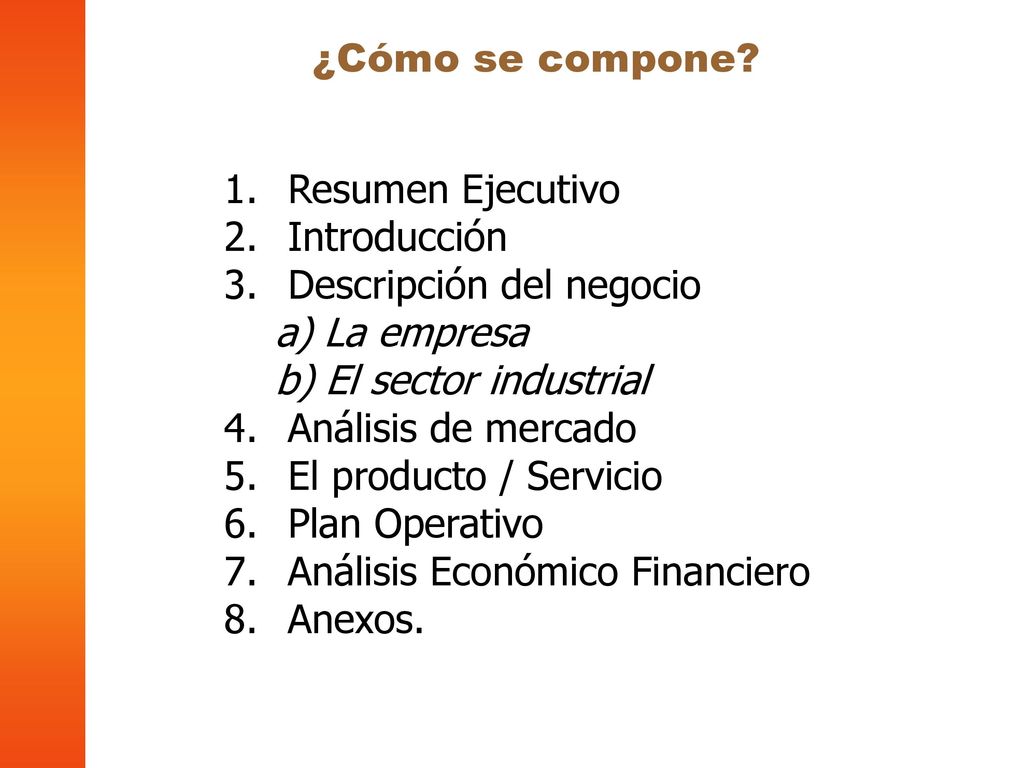 ¿Cómo se compone Resumen Ejecutivo. Introducción. Descripción del negocio. a) La empresa. b) El sector industrial.