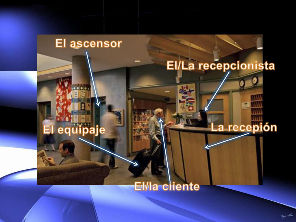 El ascensor El/La recepcionista La recepión El equipaje El/la cliente