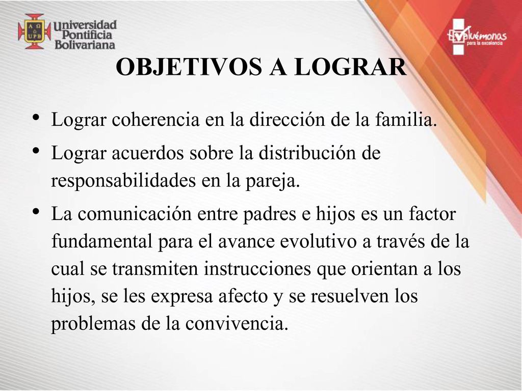 OBJETIVOS A LOGRAR Lograr coherencia en la dirección de la familia.