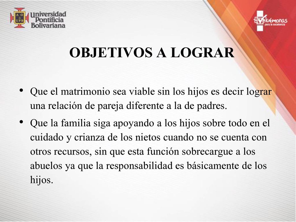 OBJETIVOS A LOGRAR Que el matrimonio sea viable sin los hijos es decir lograr una relación de pareja diferente a la de padres.