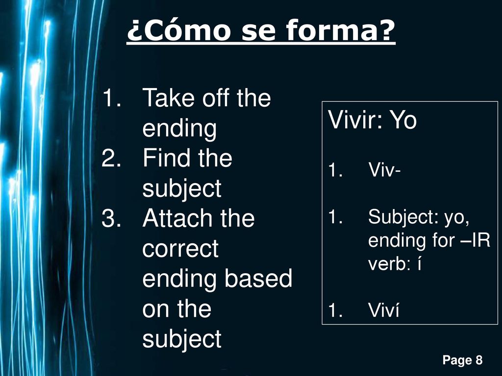 ¿Cómo se forma Take off the ending Vivir: Yo Find the subject