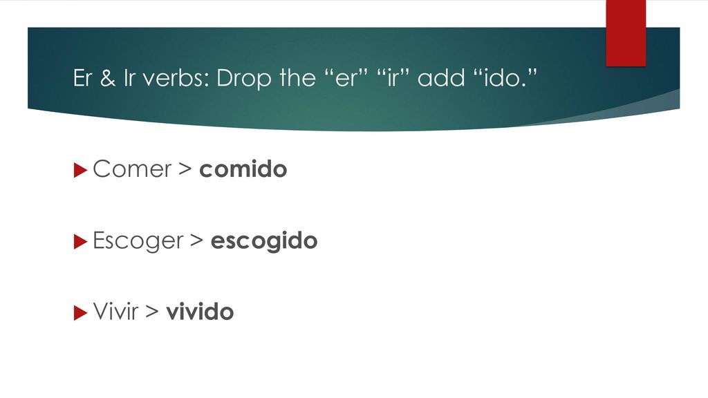 Er & Ir verbs: Drop the er ir add ido.