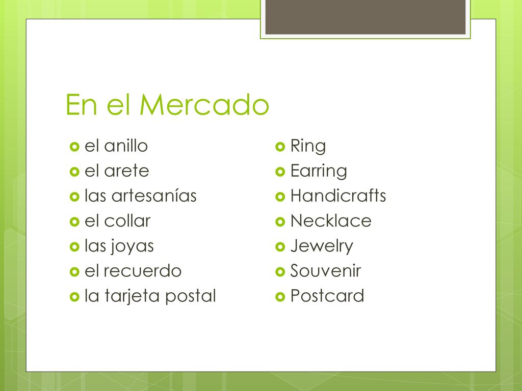 En el Mercado el anillo el arete las artesanías el collar las joyas