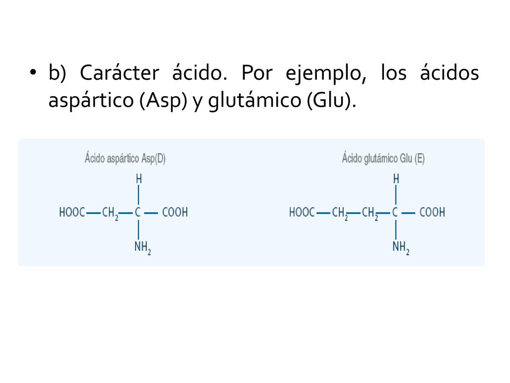 b) Carácter ácido. Por ejemplo, los ácidos aspártico (Asp) y glutámico (Glu).