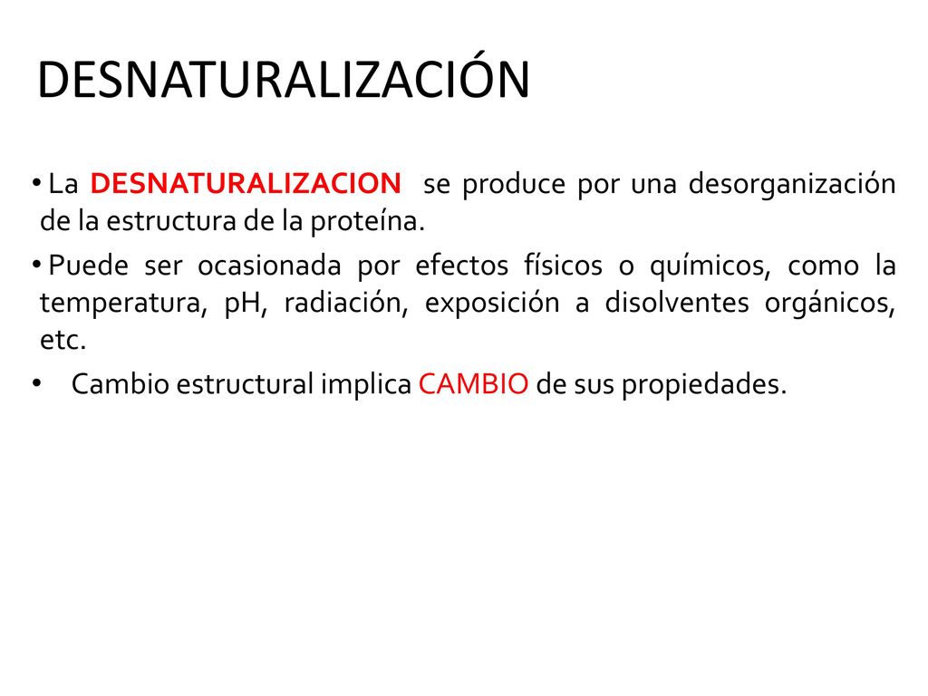 DESNATURALIZACIÓN La DESNATURALIZACION se produce por una desorganización de la estructura de la proteína.