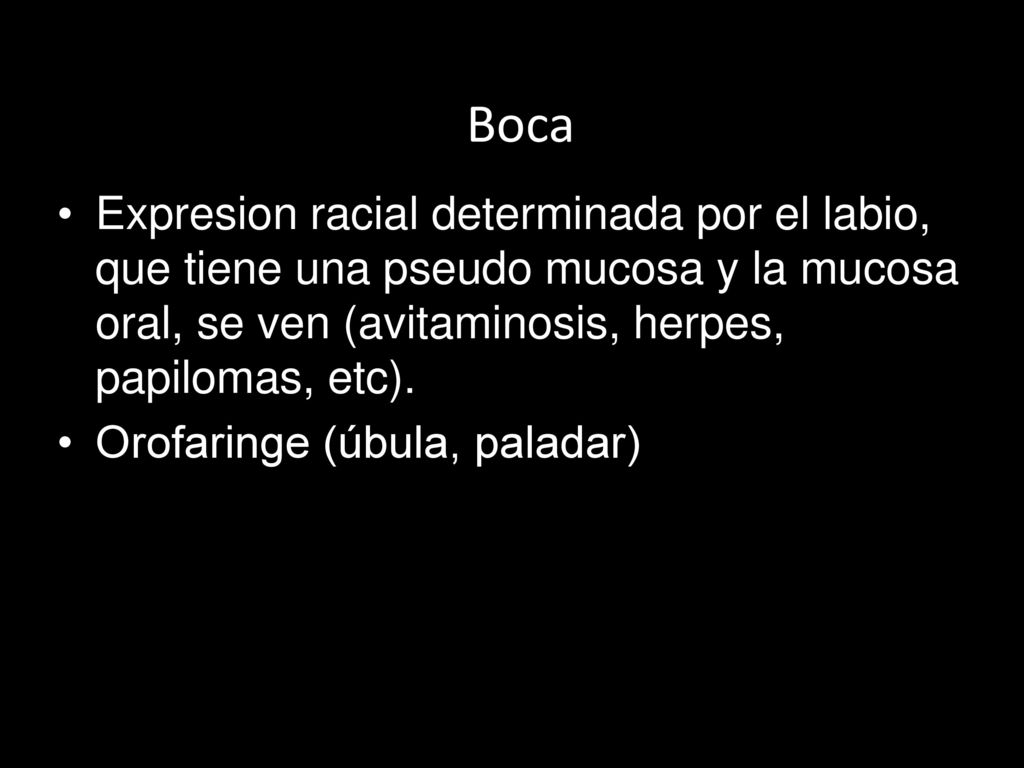 Boca Expresion racial determinada por el labio, que tiene una pseudo mucosa y la mucosa oral, se ven (avitaminosis, herpes, papilomas, etc).