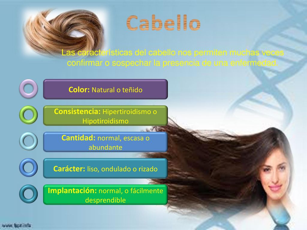 Cabello Las características del cabello nos permiten muchas veces confirmar o sospechar la presencia de una enfermedad.