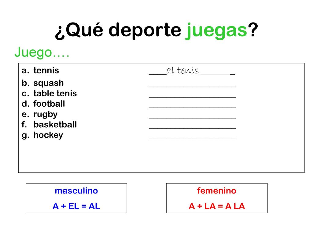 ¿Qué deporte juegas Juego…. tennis ____al tenis___________