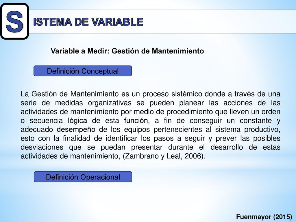 S ISTEMA DE VARIABLE Variable a Medir: Gestión de Mantenimiento