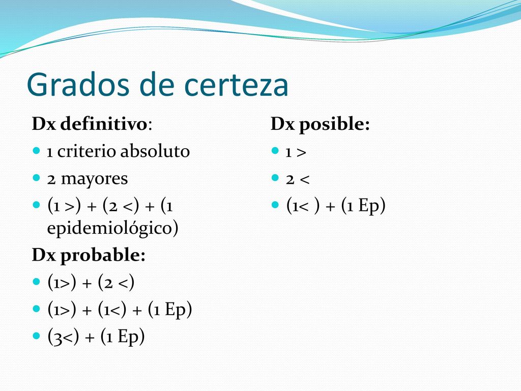 Grados de certeza Dx definitivo: 1 criterio absoluto 2 mayores