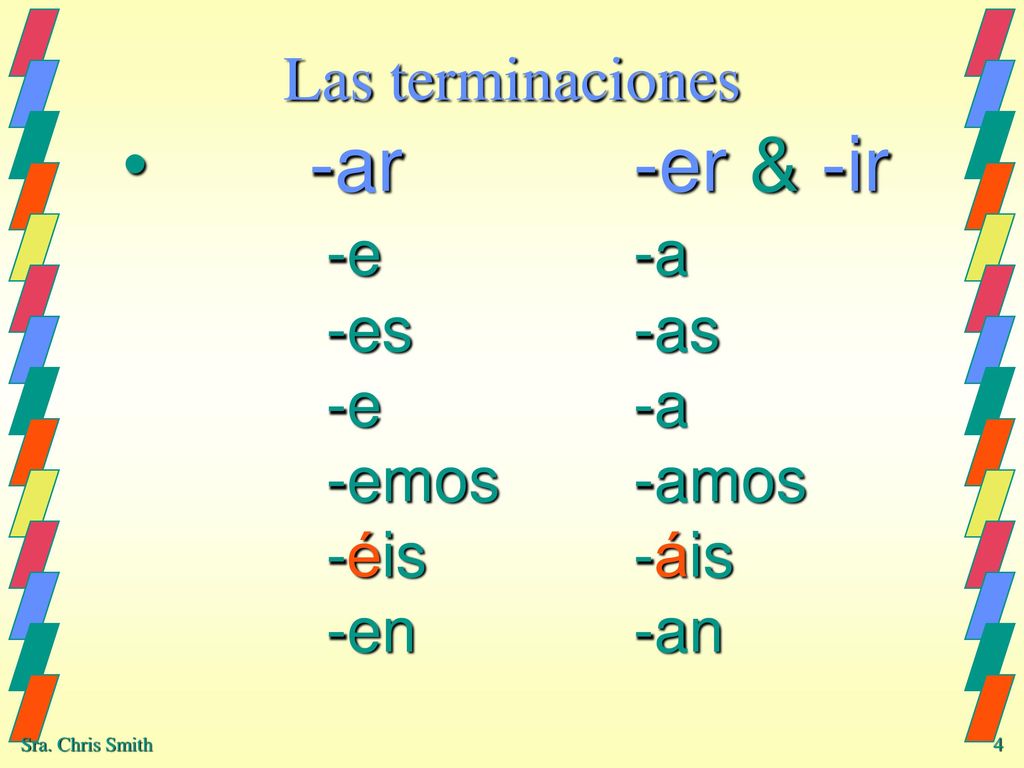 -ar -er & -ir -e -a -es -as -e -a -emos -amos -éis -áis -en -an