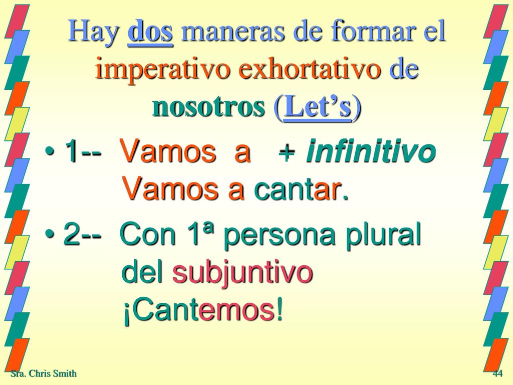 Hay dos maneras de formar el imperativo exhortativo de nosotros (Let’s)