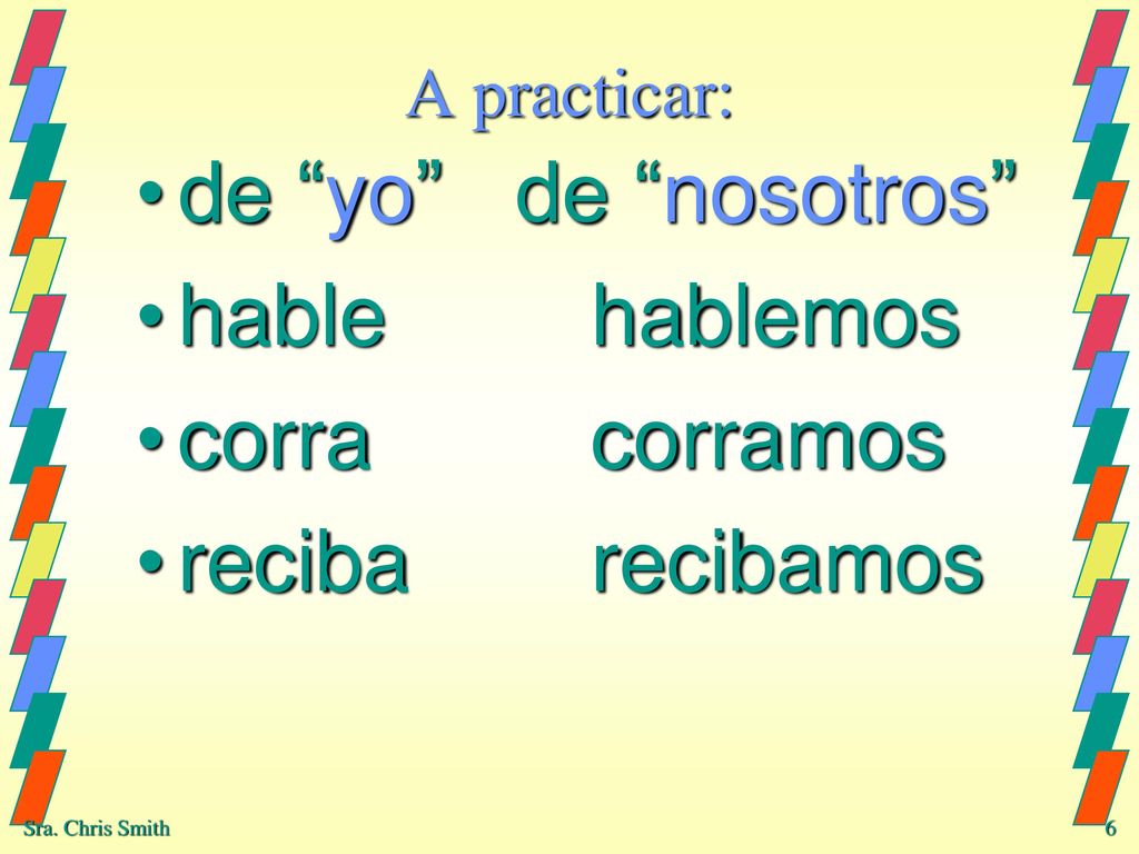 de yo de nosotros hable hablemos corra corramos reciba recibamos