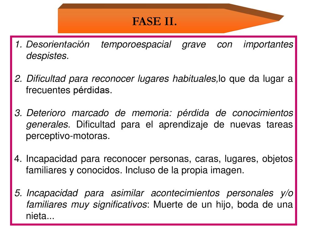 FASE II. Desorientación temporoespacial grave con importantes despistes.