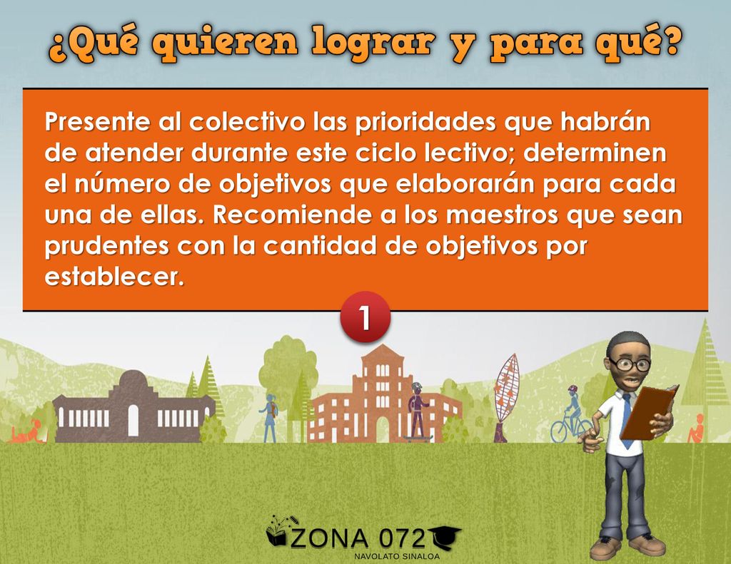Presente al colectivo las prioridades que habrán de atender durante este ciclo lectivo; determinen el número de objetivos que elaborarán para cada una de ellas. Recomiende a los maestros que sean prudentes con la cantidad de objetivos por establecer.