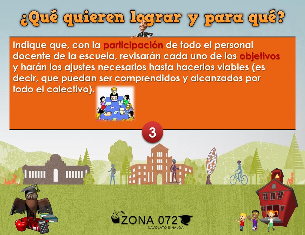 Indique que, con la participación de todo el personal docente de la escuela, revisarán cada uno de los objetivos y harán los ajustes necesarios hasta hacerlos viables (es decir, que puedan ser comprendidos y alcanzados por todo el colectivo).