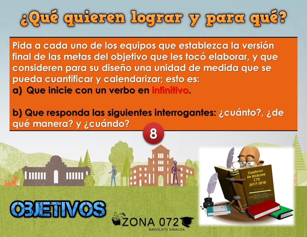 Pida a cada uno de los equipos que establezca la versión final de las metas del objetivo que les tocó elaborar, y que consideren para su diseño una unidad de medida que se pueda cuantificar y calendarizar; esto es: