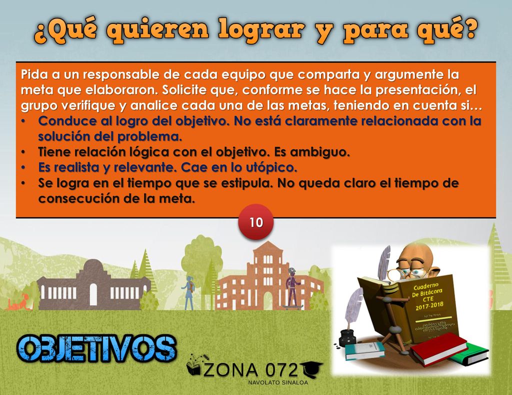 Pida a un responsable de cada equipo que comparta y argumente la meta que elaboraron. Solicite que, conforme se hace la presentación, el grupo verifique y analice cada una de las metas, teniendo en cuenta si…