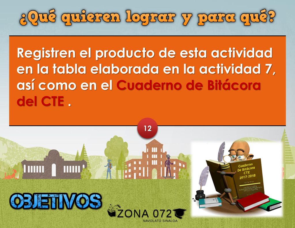 Registren el producto de esta actividad en la tabla elaborada en la actividad 7, así como en el Cuaderno de Bitácora del CTE .