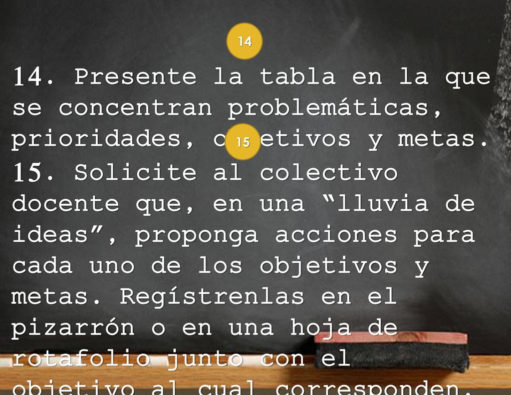 Presente la tabla en la que se concentran problemáticas, prioridades, objetivos y metas. 15.