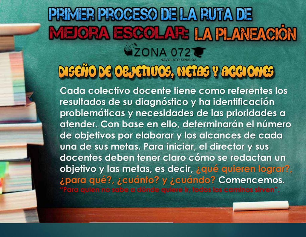 Cada colectivo docente tiene como referentes los resultados de su diagnóstico y ha identificación problemáticas y necesidades de las prioridades a atender. Con base en ello, determinarán el número de objetivos por elaborar y los alcances de cada una de sus metas. Para iniciar, el director y sus docentes deben tener claro cómo se redactan un objetivo y las metas, es decir, ¿qué quieren lograr , ¿para qué , ¿cuánto y ¿cuándo Comencemos.