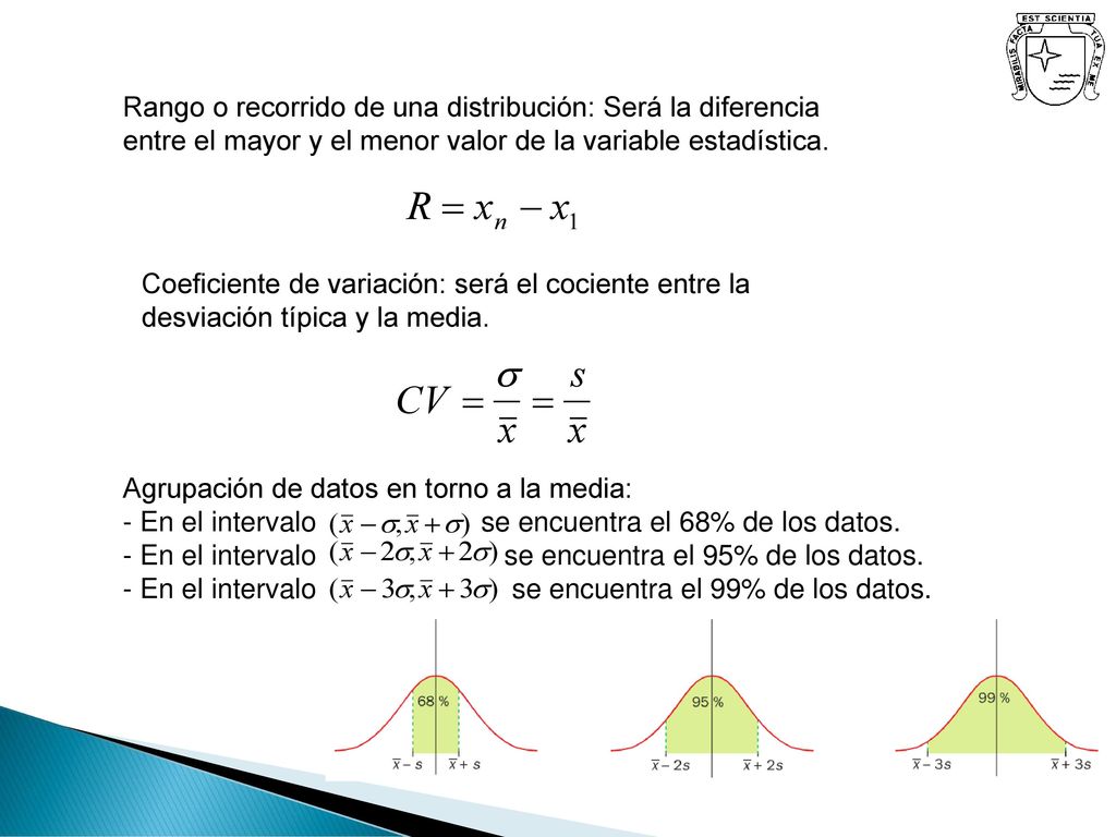 Rango o recorrido de una distribución: Será la diferencia entre el mayor y el menor valor de la variable estadística.