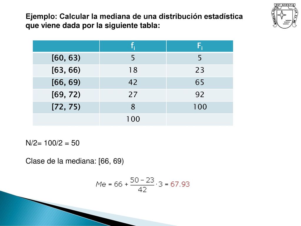 Ejemplo: Calcular la mediana de una distribución estadística que viene dada por la siguiente tabla: