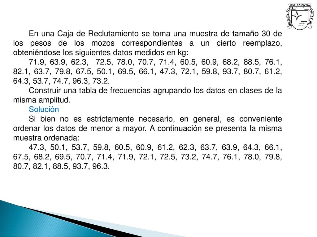 En una Caja de Reclutamiento se toma una muestra de tamaño 30 de los pesos de los mozos correspondientes a un cierto reemplazo, obteniéndose los siguientes datos medidos en kg: