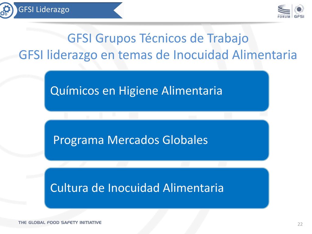 GFSI Liderazgo GFSI Grupos Técnicos de Trabajo GFSI liderazgo en temas de Inocuidad Alimentaria. Químicos en Higiene Alimentaria.