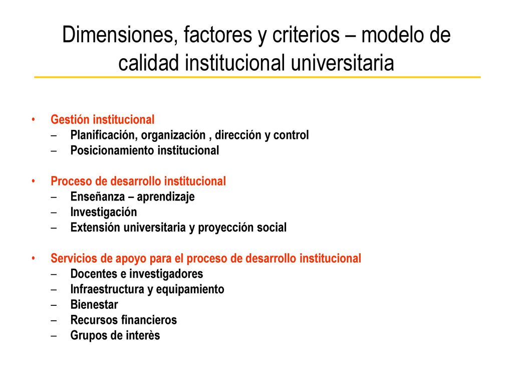 Dimensiones, factores y criterios – modelo de calidad institucional universitaria