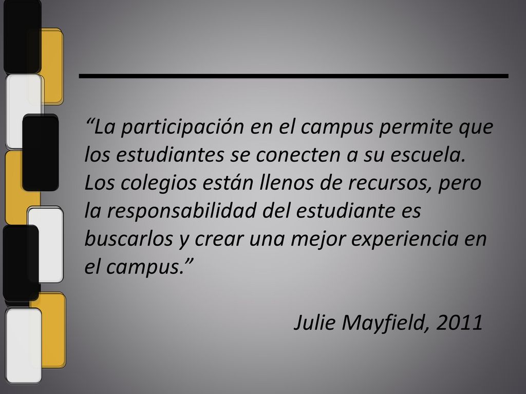 La participación en el campus permite que los estudiantes se conecten a su escuela. Los colegios están llenos de recursos, pero la responsabilidad del estudiante es buscarlos y crear una mejor experiencia en el campus.