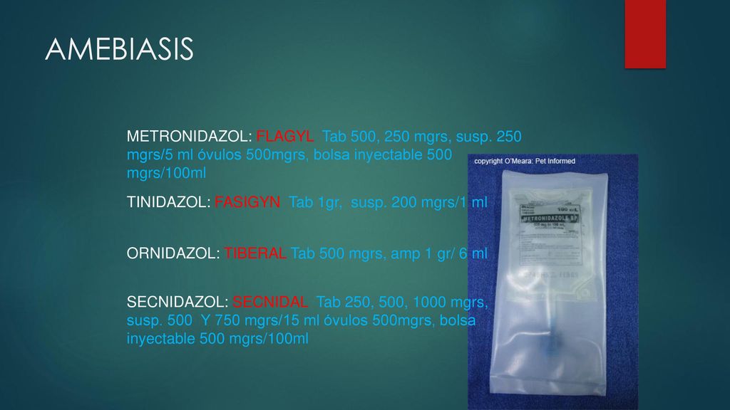 AMEBIASIS METRONIDAZOL: FLAGYL Tab 500, 250 mgrs, susp. 250 mgrs/5 ml óvulos 500mgrs, bolsa inyectable 500 mgrs/100ml.