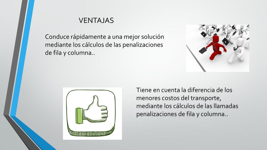 VENTAJAS Conduce rápidamente a una mejor solución mediante los cálculos de las penalizaciones de fila y columna..