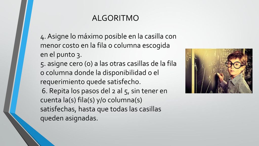 ALGORITMO 4. Asigne lo máximo posible en la casilla con menor costo en la fila o columna escogida en el punto 3.