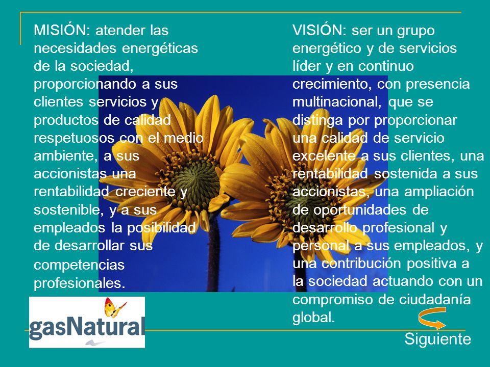 MISIÓN: atender las necesidades energéticas de la sociedad, proporcionando a sus clientes servicios y productos de calidad respetuosos con el medio ambiente, a sus accionistas una rentabilidad creciente y sostenible, y a sus empleados la posibilidad de desarrollar sus competencias profesionales.