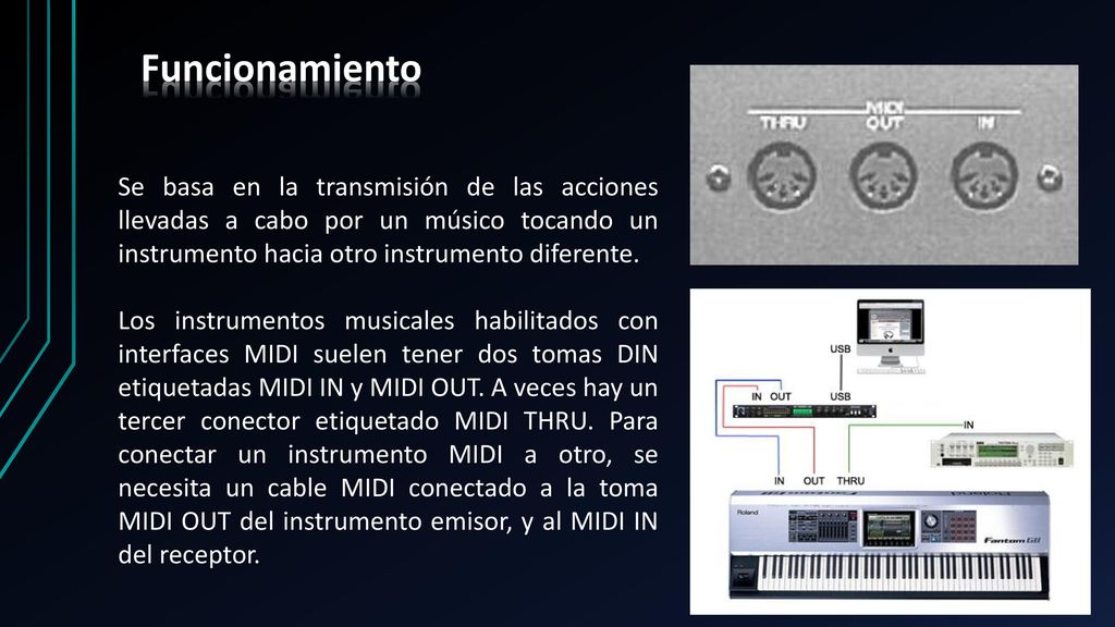 Funcionamiento Se basa en la transmisión de las acciones llevadas a cabo por un músico tocando un instrumento hacia otro instrumento diferente.