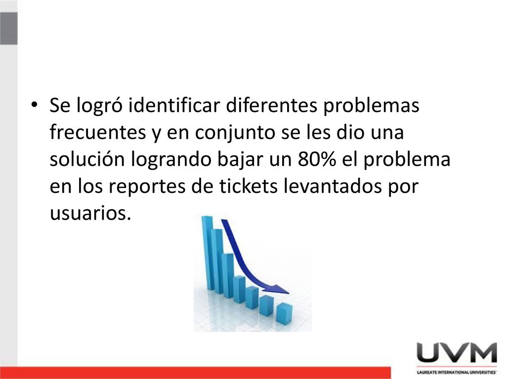 Se logró identificar diferentes problemas frecuentes y en conjunto se les dio una solución logrando bajar un 80% el problema en los reportes de tickets levantados por usuarios.