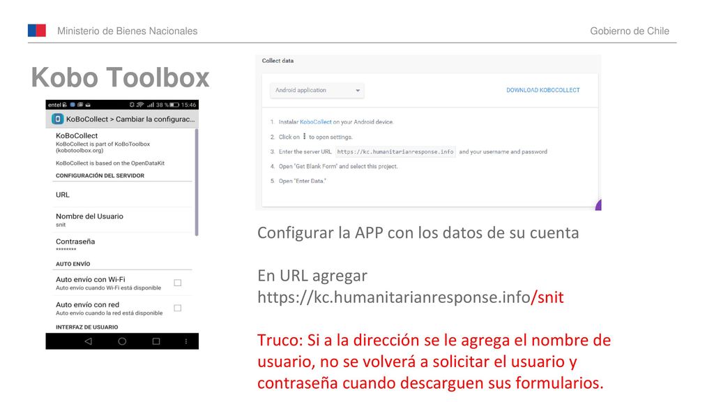 Kobo Toolbox Configurar la APP con los datos de su cuenta