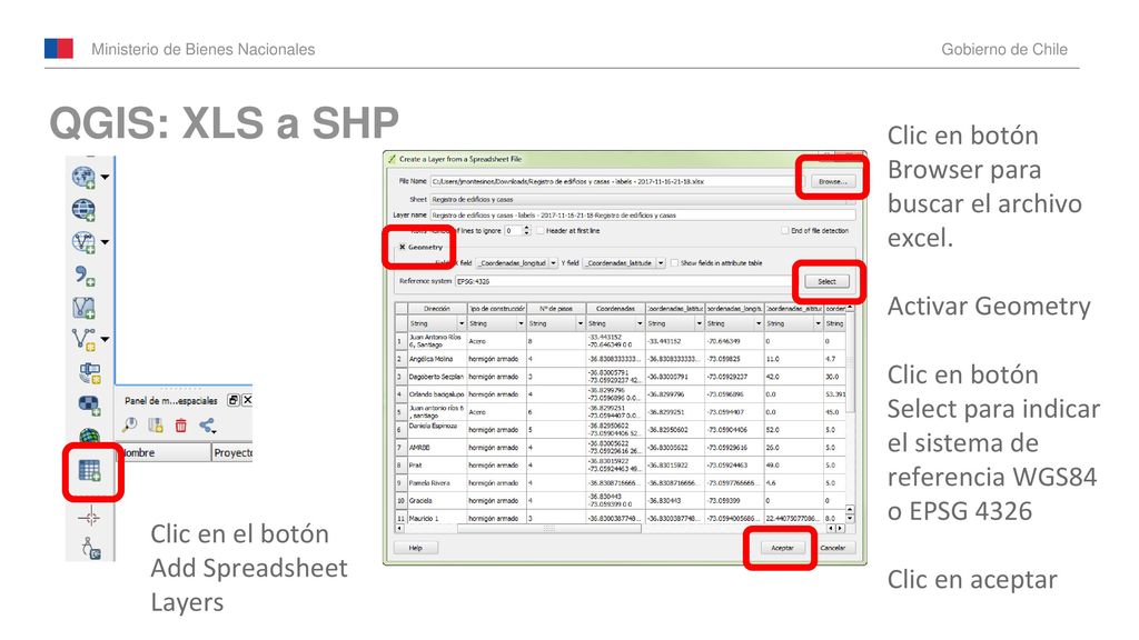 QGIS: XLS a SHP Clic en botón Browser para buscar el archivo excel.